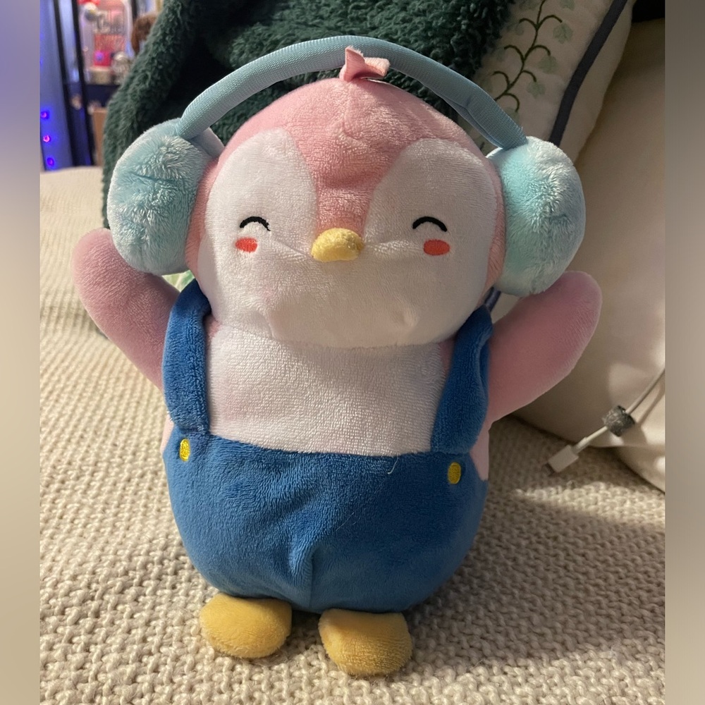 Pudgy penguins- cute Penguin plush with Blue Overalls and light blue Headphones